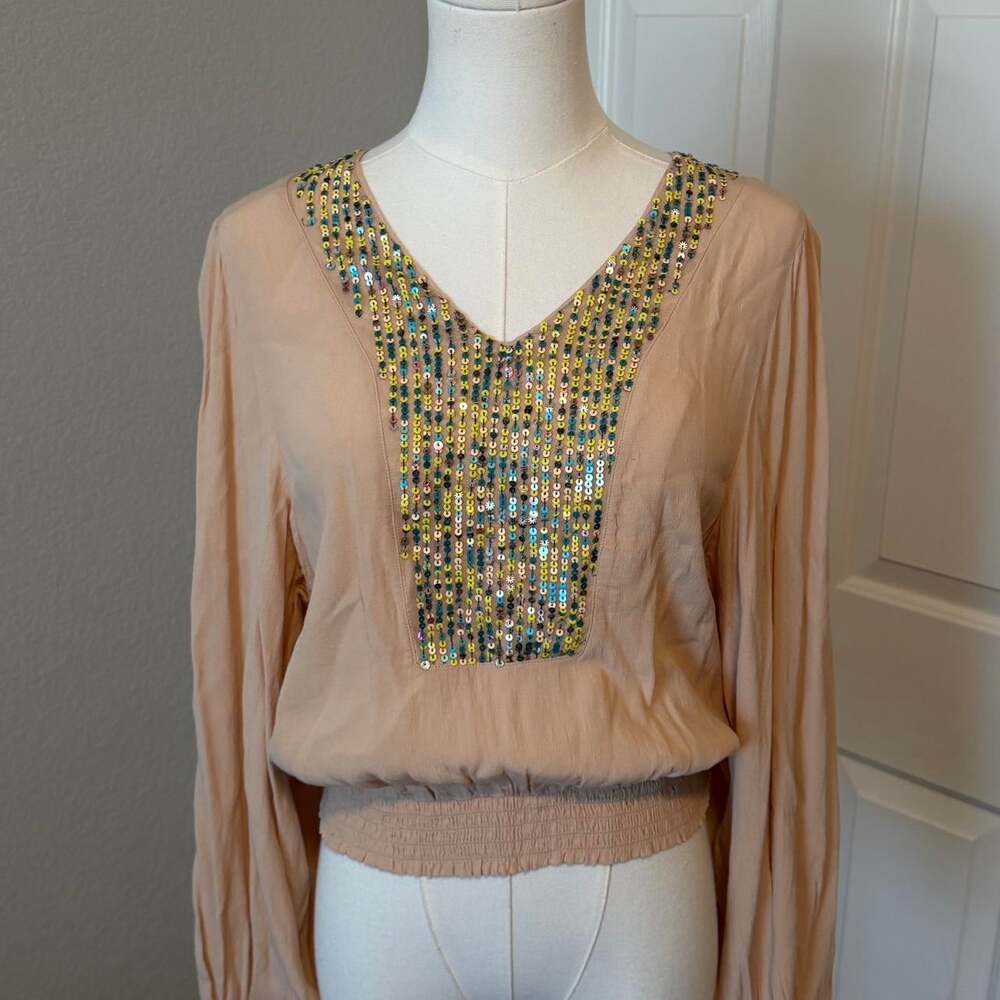 Anthropologie Maeve Kristie Sequined Peasant Blouse XXS Boho Balloon Sleeve